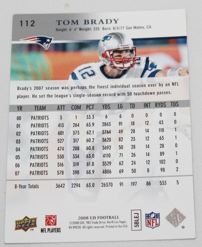 New England Patriots Tom Brady #112 2008 Upper Deck Football Card - Picture 2 of 2