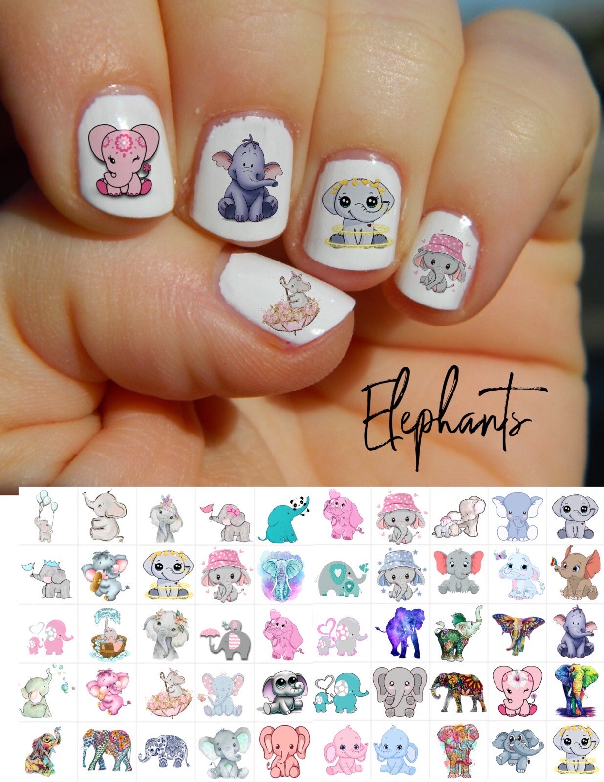Elephants Waterslide Nail Art Decals Set Of 50   Instructions & Bonus