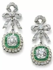 Image of Art Deco Cushion Cut Moissanite & Emerald 14K White Gold FN Drop Dangle Earrings
