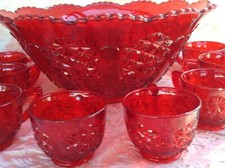 LG WRIGHT VINTAGE RED PUNCH BOWL & CUPS, EAPG DAISY & BUTTON PATTERN, 9pcs