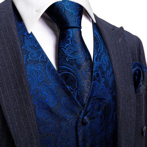Mens Formal Casual Waistcoat Paisley Floral Suit Vest Slim Tuxedo Silk Tie Set - Picture 130 of 169