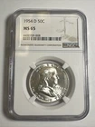 1954 D NGC MS65 FRANKLIN HALF DOLLAR WHITE COINS 50 c 90% SILVER