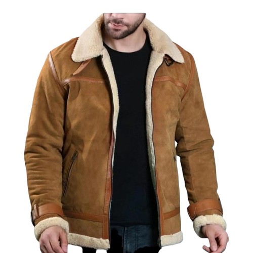 Men's Brown Real Suede Leather Shearling Jacket Sherpa Lined Aviator Biker Coat
