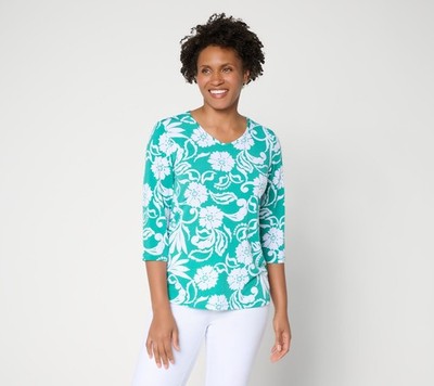 Susan Graver Women's Top Plus Sz 1X Printed Liquid Knit V-neck Green A225581