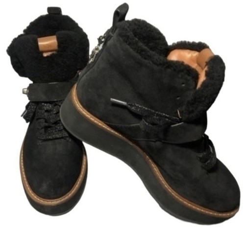 COACH G1354 Urban Hiker Shearling Suede Platform Ankle Boots Black 8.5