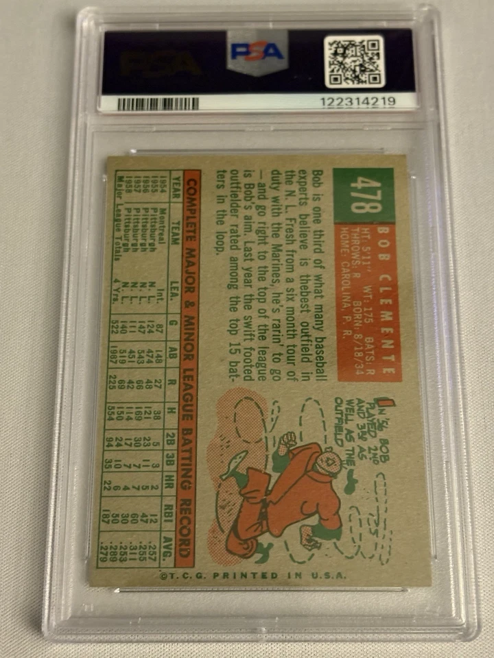 1959 Topps #478 Roberto Bob Clemente PSA 6 Pittsburgh Pirates Foto 2 de 2