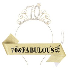 70th Birthday Sash and Tiara for Women, 8 5inch, Gold - 70  Fabulous