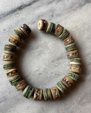 25 Antique Tibetan Yak Bone Turquoise & Coral & Brass Inlay Mala Beads 12mm C222