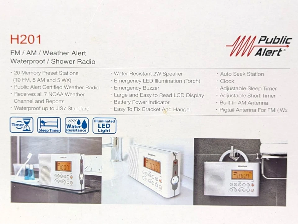 Sangean H201 Portable AM/FM/Weather Alert Digital Tuning Waterproof Shower Radio - Image 3 of 4