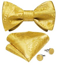 Gold Bow Tie for Men Jacquard Woven Silk Paisley Self Bowtie Pocket Square Cu