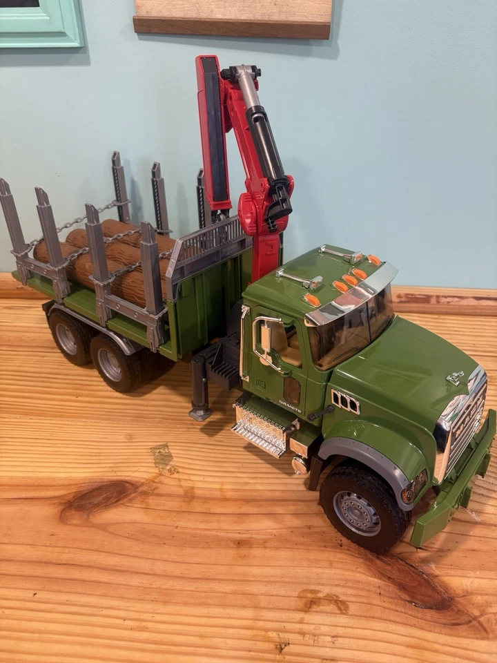 Vintage 2007 Bruder Mack Granite Timber Truck w/ Loading Crane and 3 Trunks - Image 2 of 4