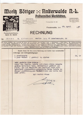 Alte Rechnung der Möbelfabrik Moritz Böttger in Finsterwalde von 1944