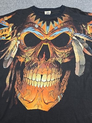 Liquid Blue Aztec Skull Mens XL All Over Print Y2k 2005 Pre-Shrunk All Cotton