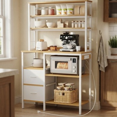 Yitahome Bäckerregal mit Steckdose Weiß Eiche Küche Aufbewahrung Kaffeebar