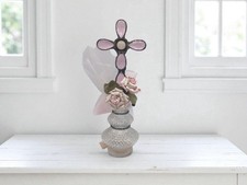 Shabby Vintage Pink Soldered Cross Embellished Glass Bottle, Shabby Pink Decor