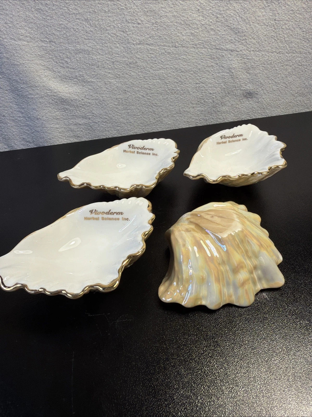 Vintage Vivoderm Shell Trinket Dishes Porcelain Pearlescent Gold Trim 4 pc