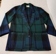 Pendleton Virgin Wool Tartan Plaid Blazer Women 8 Dark Green Navy Blue Made USA