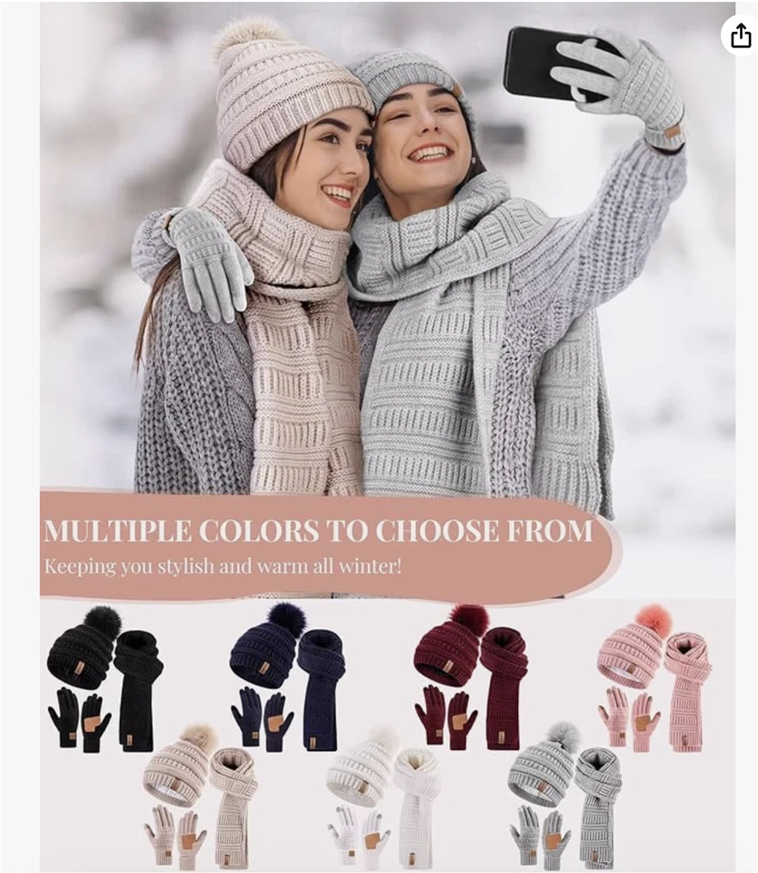 Womens Winter Beanie Scarf Gloves Set, Pom Pom Hat with Warm Fleece Lined Long K - Image 2 of 4