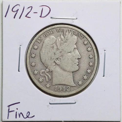 1912-D 50C Barber Liberty Head Half Dollar in Fine Condition #3643