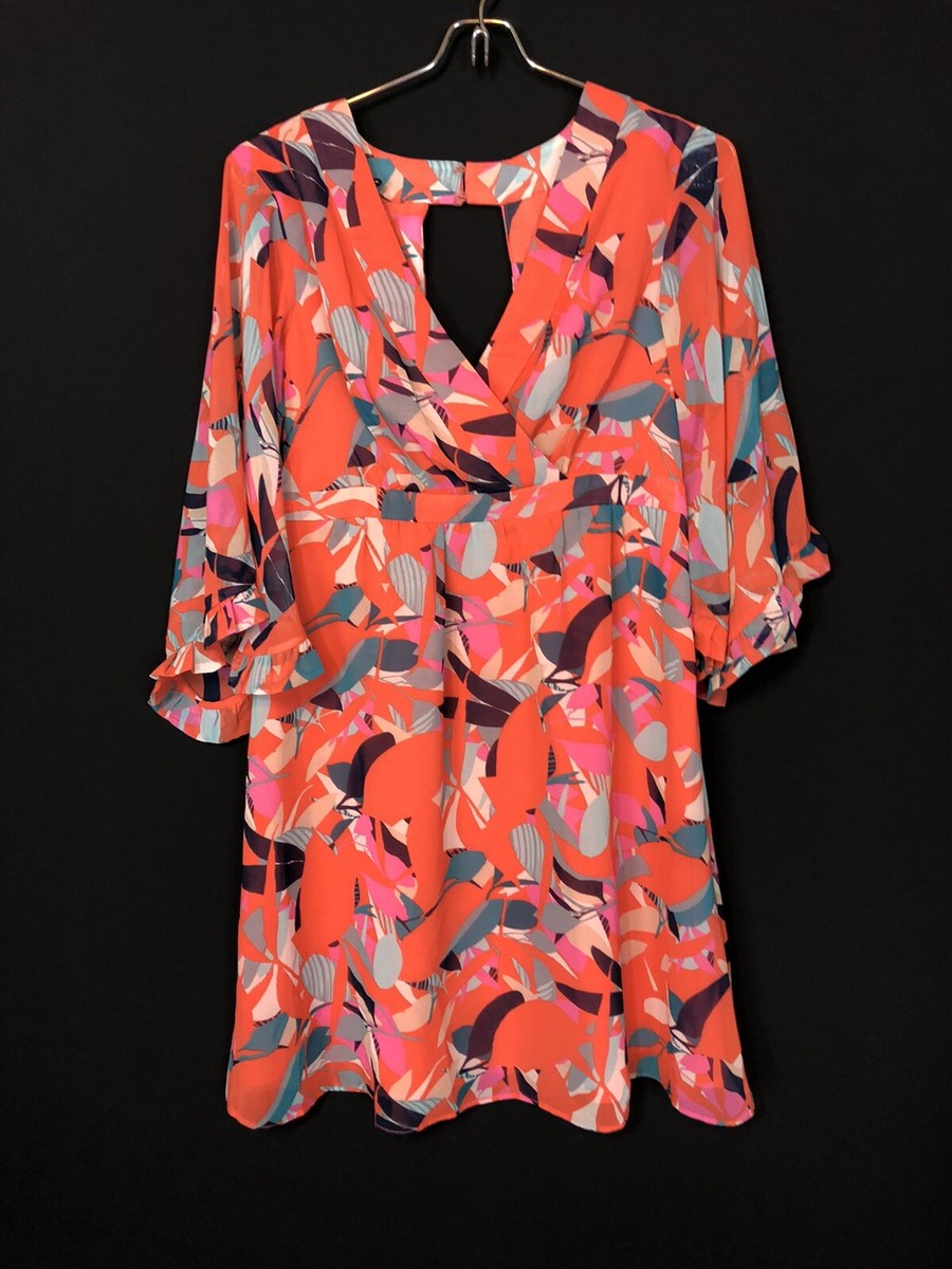 Clover And Sloane Orange Multi Bell Sleeve Lined Dress Womens Size XS Casual - Main Image
