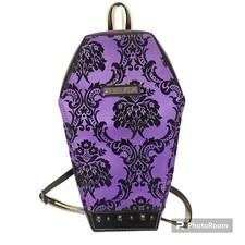 Rock Rebel Damask Coffin Backpack Lg 14"x9" Purple & Black Gothic Bag Halloween