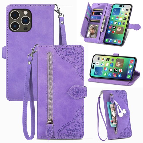 For iPhone 16e 2025/16 Pro Max/15/14 Leather Zipper Wallet Stand Case with Strap - Picture 34 of 47