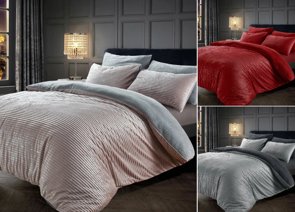 VELOSSO Plush Corduroy Ribbed Stripes Reversible Sparkle Teddy Duvet Cover Bedding Set