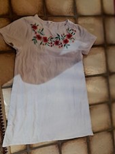 mango dress floral white short sleeve tunic embroidery classy shirt long blouse layer M 38
