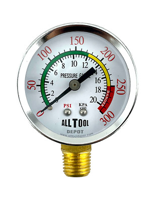 Air Pressure Gauge 2'' Dial Side Mount 1/4''NPT - 0 to 300PSI Color Coded