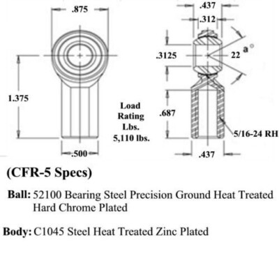 8 qty RH 5/16-24 Thread x 5/16Bore, Female Thread Heim Joints, Rod Ends(CFR-5