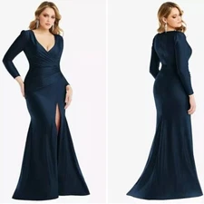 Dessy Cynthia & Sahar Draped Wrap Stretch Satin Mermaid Dress Midnight XXS NWT