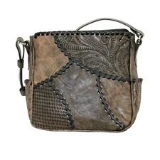 American West Womens Gypsy Patch Distressed Charcoal Brown Leather Crossbody