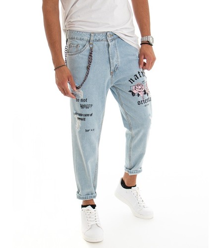 Pantalone Uomo Lungo Jeans Denim Chiaro Rotture Stampe Scritte Rosa Cavallo  B | eBay