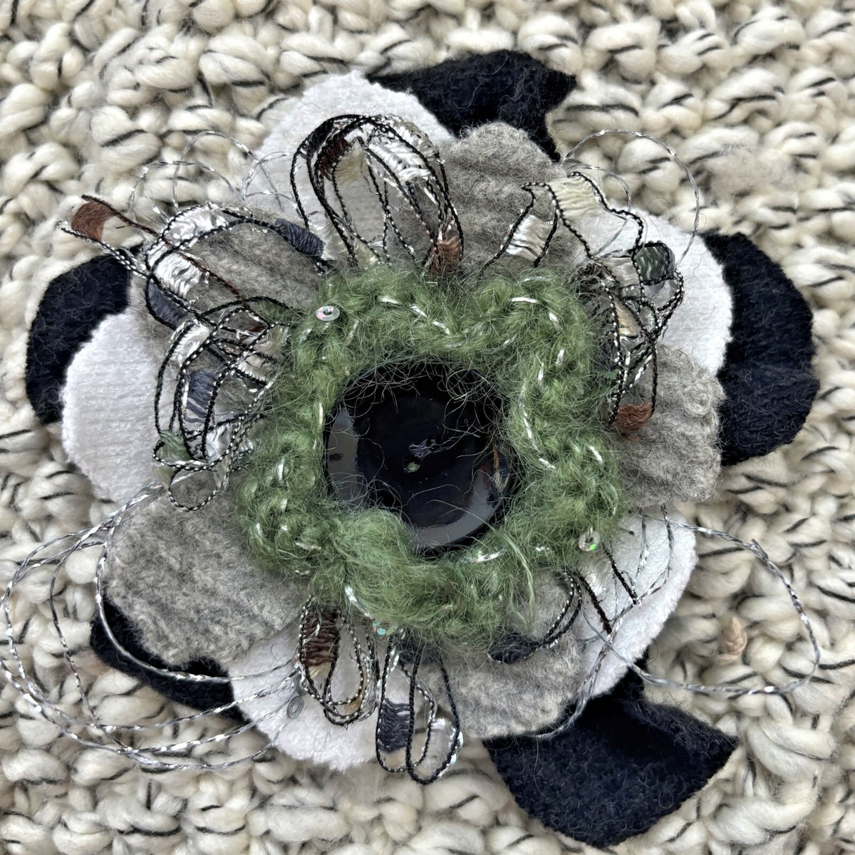 Artesian Embellished Knit Scarf Muffler Handmade Tweed