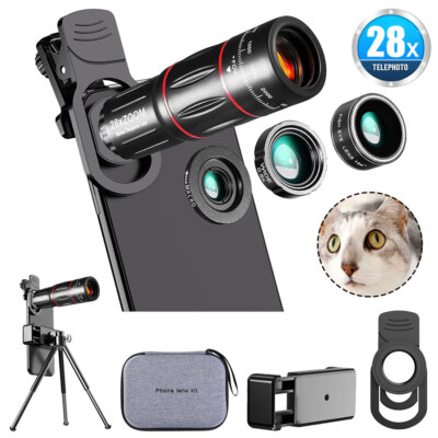 28X Cell Phone Camera Wide Angle Telescope Zoom Macro Fish Eye Lens Clip Tripod