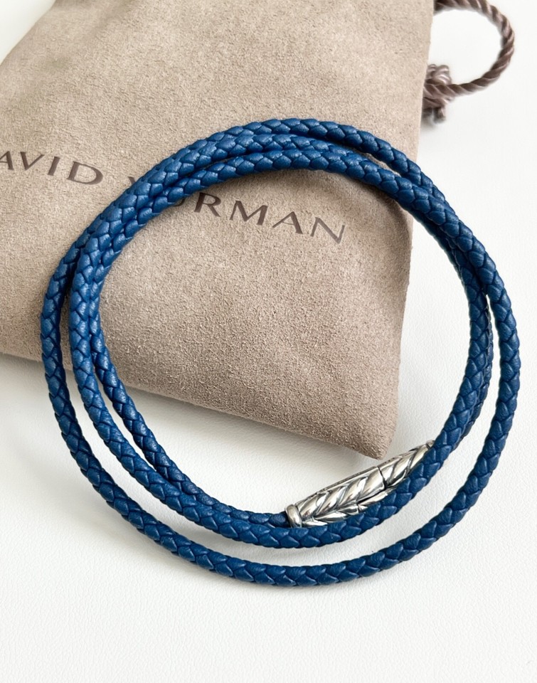 David Yurman .925 Sterling Silver Chevron Triple Wrap Blue Leather
