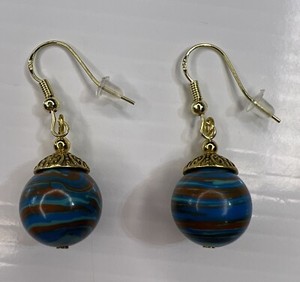 Authentic 925 Sterling Silver Hook Earrings Gold Plated Blue Green Polished Resin Stones