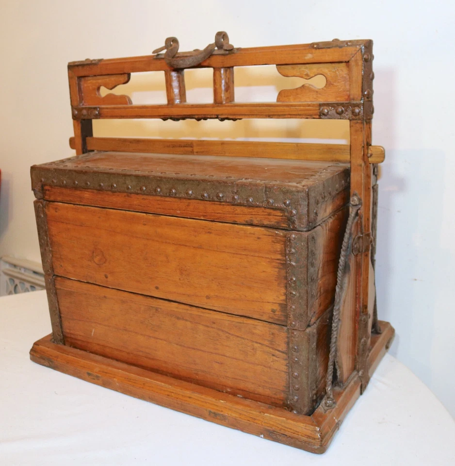 LARGE antique 1700's Chinese handmade wood wrought iron wedding dowry box chest - Image 3 of 4