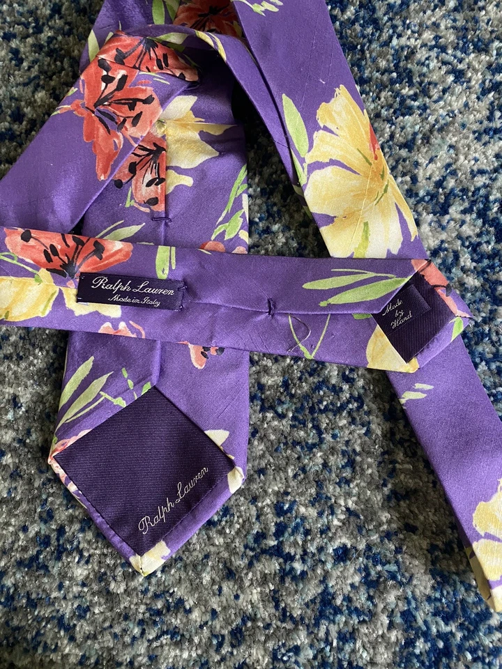 Corbata Ralph Lauren Etiqueta Púrpura Amarillo Verde Coral Negro Tropical Floral Foto 4 de 4