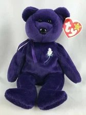 1997 TY Beanie Babies "Princess" Diana Purple Bear Original PE Pellets Red Stamp
