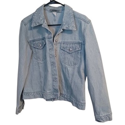 Vintage Christine Alexander Swarovski Crystals Light Wash Denim Jacket Medium
