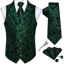 Men's 5 Piece Green Paisley Silk Suit Vest and Tie Set, V-Neck, XX-Large