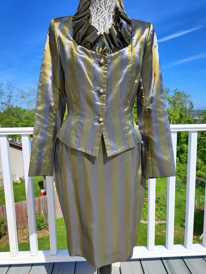 Conjunto de terno de noite de tafetá de seda oliva metálica tamanho P jaqueta saia Houte Coutur novo com etiquetas - Imagem 2 de 4