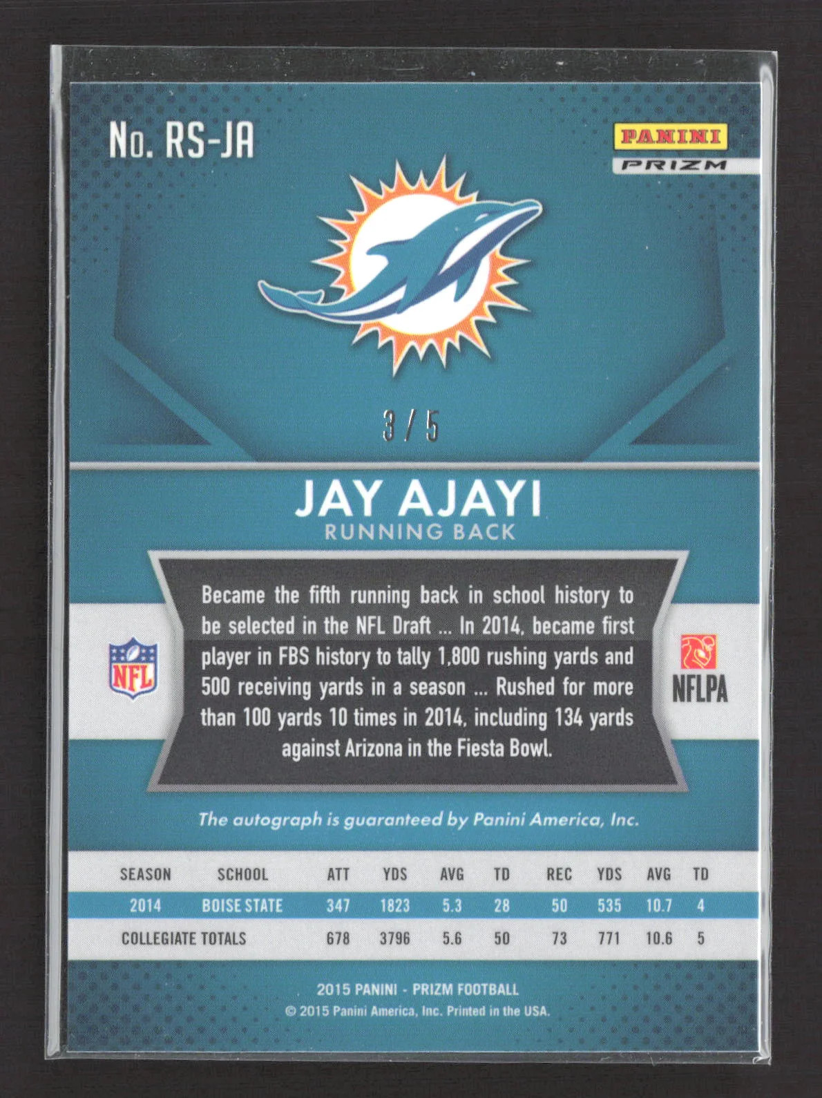 2015 Panini Prizm Jay Ajayi #RS-JA Gold Vinyl Rc Auto /5 RC view 2