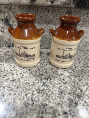 Vintage Iowa Tall Corn State Des Moines Capitol Milk Can Salt Pepper Shakers