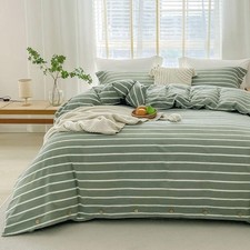 JELLYMONI Cotton Duvet Cover King Size - Green Striped Comforter Cover with B...