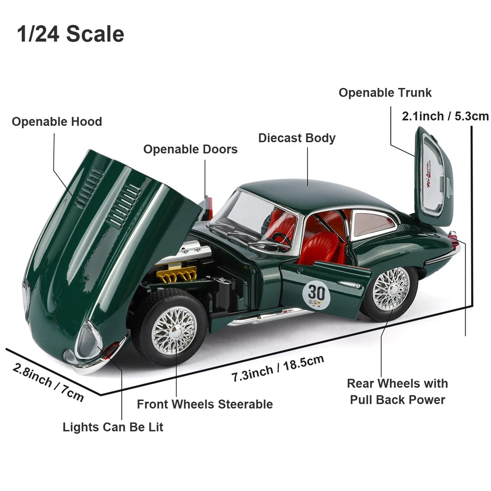 1/24 Jaguar Tipo E Coche Vintage Diecast Modelo Juguete con Luz de Sonido Juguete Coleccionable Foto 3 de 4