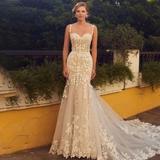 Sparkly Sequin Wedding Dresses Spaghetti Straps Button Lace Applique Bridal Gown