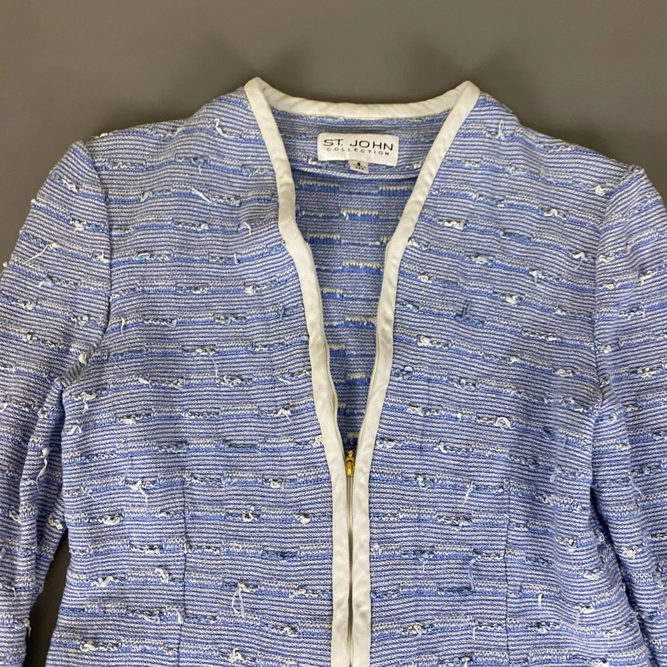 Chaqueta Blazer Tejida Tweed Colección St John Talla 8 Azul Blanco Borde Elegante Defecto* Foto 2 de 4