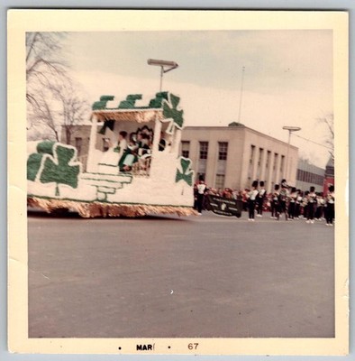 Vtg Color Snapshot Group On St. Patrick's Day Parade Float Bay City Band 1967